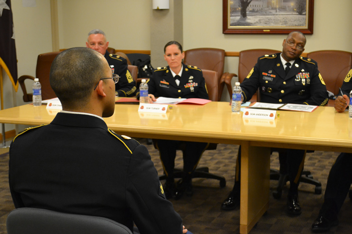 Soldiers entered one-by-one for their individual oral board appearances at Fort Detrick, Md., on March 31