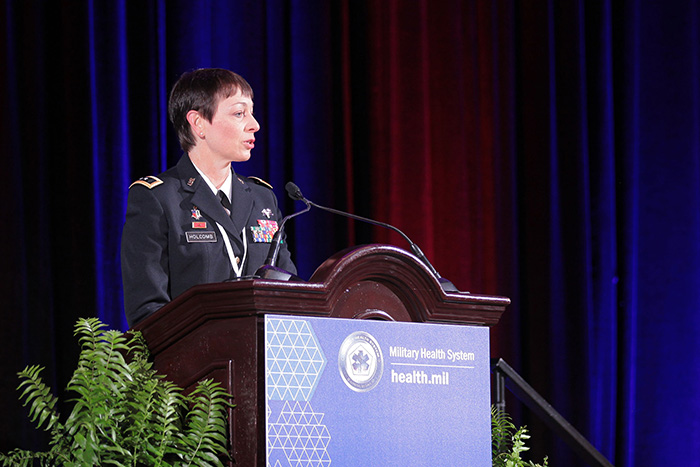 USAMRMC and Fort Detrick Commanding General Barbara R. Holcomb delivers a keynote speech