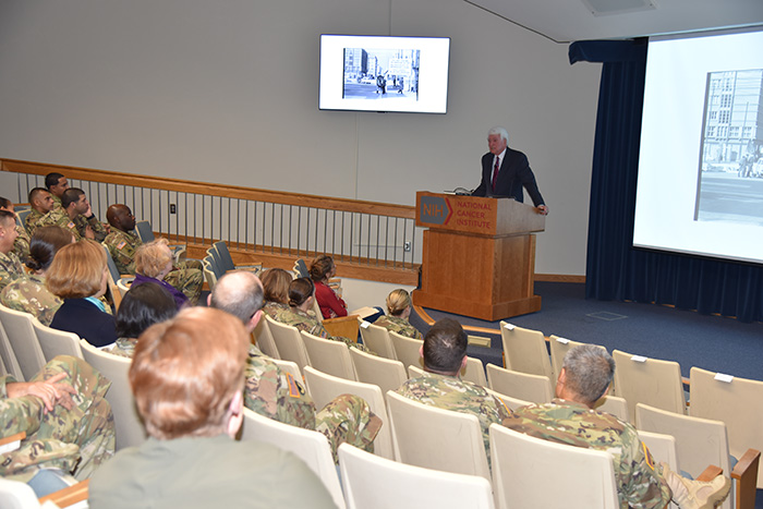Arthur T. Downey addresses members of the Fort Detrick Silver Caduceus Society