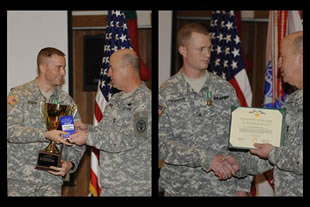 Sgt. Chad Thornton of the Integrated Toxicology Division U.S. Army Medical Research Institute of Infectious Diseases won the MRMC Soldier of the Year. (left) Staff Sgt. Nicholas J. Rogers of the U.S. Army Medical Research Institute of Chemical Defense won NCO of the Year. (right) (Photos by Dave Rolls)