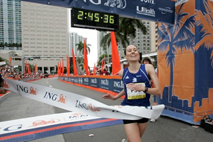 Brett Ely, a research physiologist in the Thermal & Mountain Medicine Division at USARIEM was the women's winner in the Miami Marathon Jan. 31.